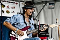 a man in a hat playing a guitar in front of a microphone